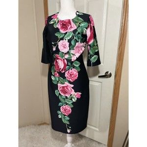 Womens Kate And Lily Rose Floral Dress Sz 4 Black 3/4 Sleeves MIDI Dress